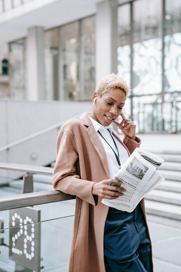 Positive young ethnic female entrepreneur reading newspaper on street